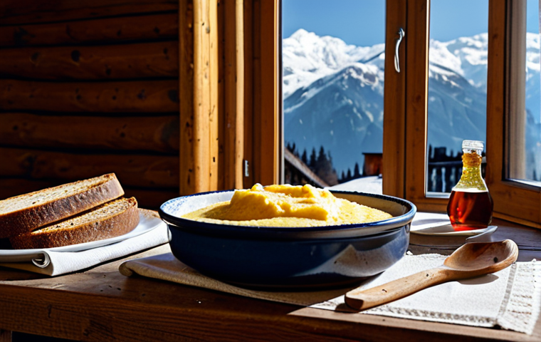 Northern Italy - Alpine Cuisine**
"A rustic wooden table laden with a hearty meal in a cozy Alpine chalet. Focus on a steaming bowl of polenta topped with melted butter and a side of crusty rye bread. In the background, a snow-capped mountain range is visible through a window. The scene evokes warmth and tradition. Safe for work, appropriate content, fully clothed, professional, modest, family-friendly, perfect anatomy, natural proportions, professional food photography, high quality."
**